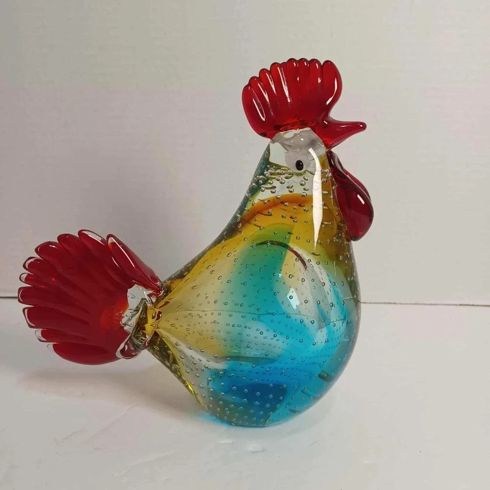 Murano Style Art Glass Rooster Figurine Colorful‎ Bubbles Farmhouse Decor